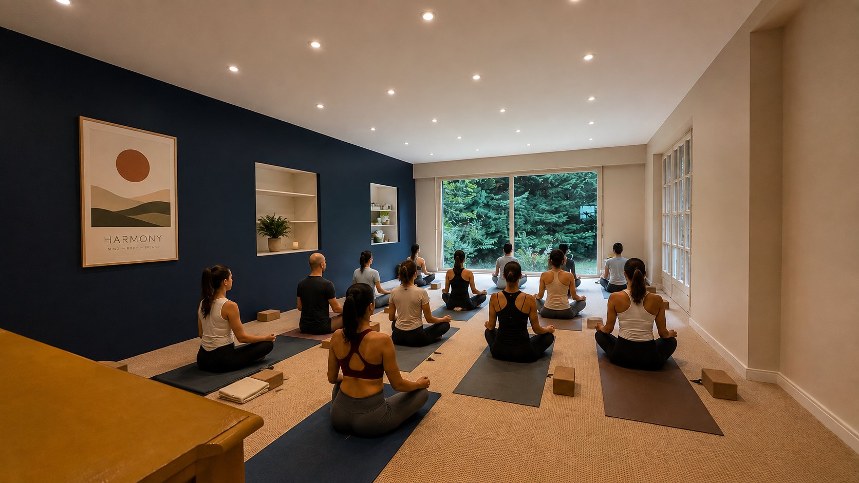 Groupe en méditation dans la salle de pratique du gîte